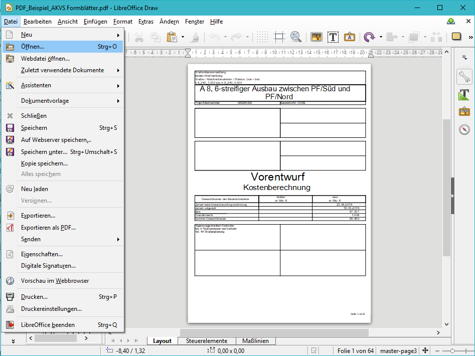 Abb. 1: PDF-Datei im Libre Office Draw zur weiteren Bearbeitung öffnen