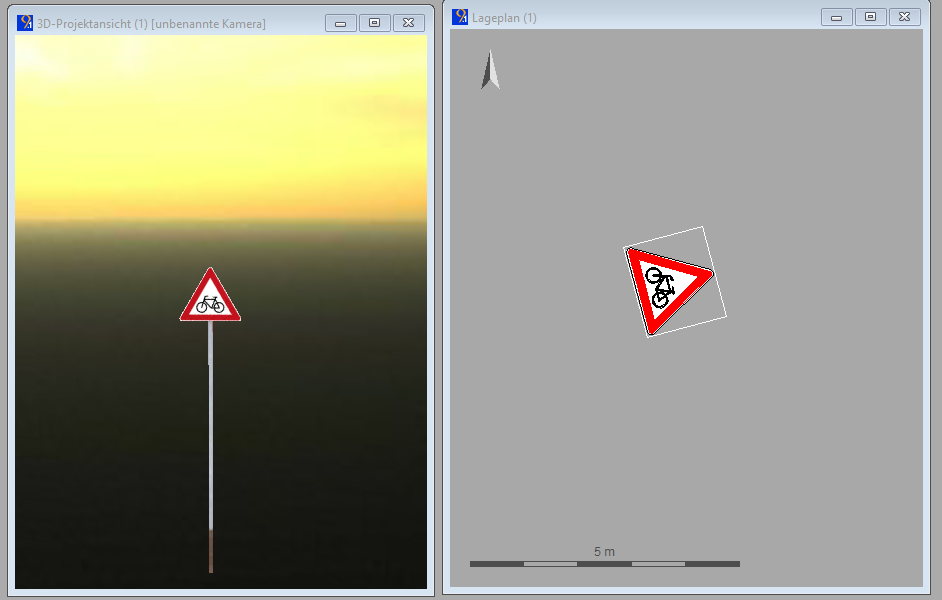 Abbildung 4: rechts – das Symbol im Lageplanfester (farbig durch die Kodedarstellung) und links das 3D-Symbol in der 3D-Projektansicht